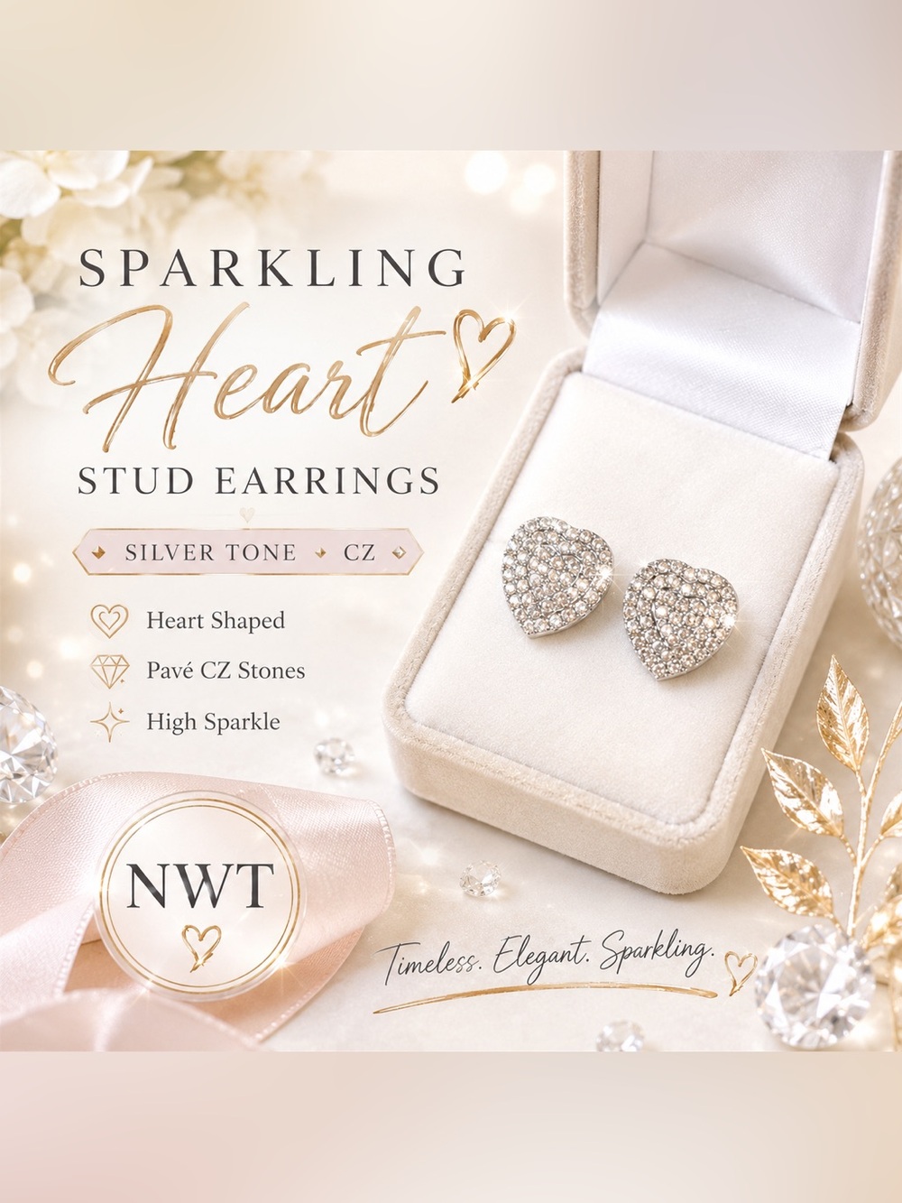 NWT Silver Tone CZ Heart Stud Earrings Sparkling Rhinestone Statement